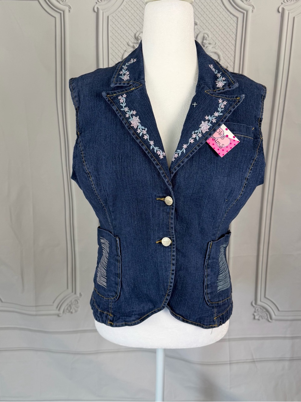 Carol’s Denims Embroidered Floral Denim Vest Womens M Dark Wash Y2K Vintage NWT